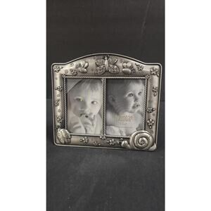 Fetco Baby Butterfly Double Picture Frame 3.5x5 Pewter Tone Flowers Bugs Snail